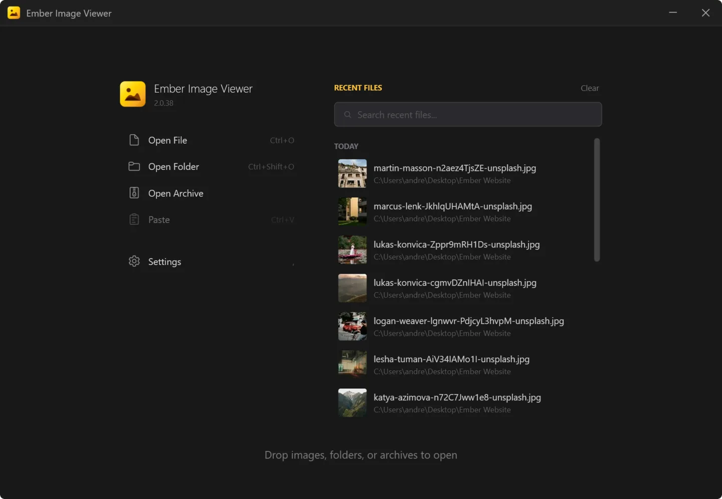 Ember home screen with Open File, Open Folder, Open Archive, Paste and a searchable list of recent files