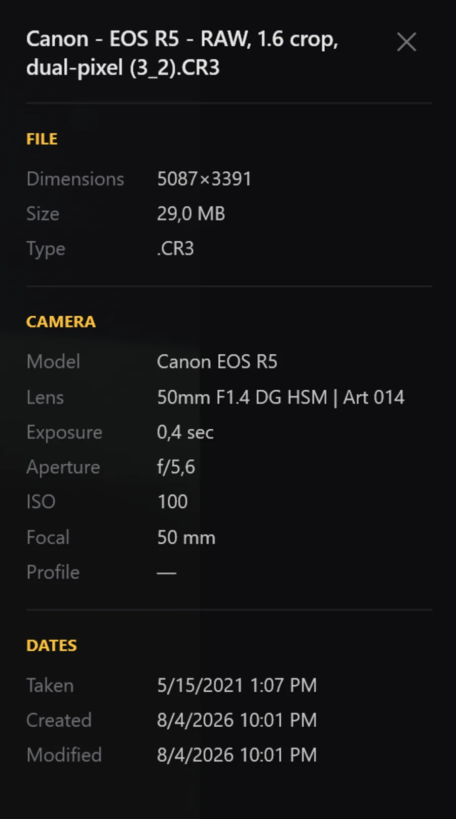 Ember image info panel for a Canon EOS R5 CR3 file showing dimensions, size, lens, exposure, aperture, ISO and dates